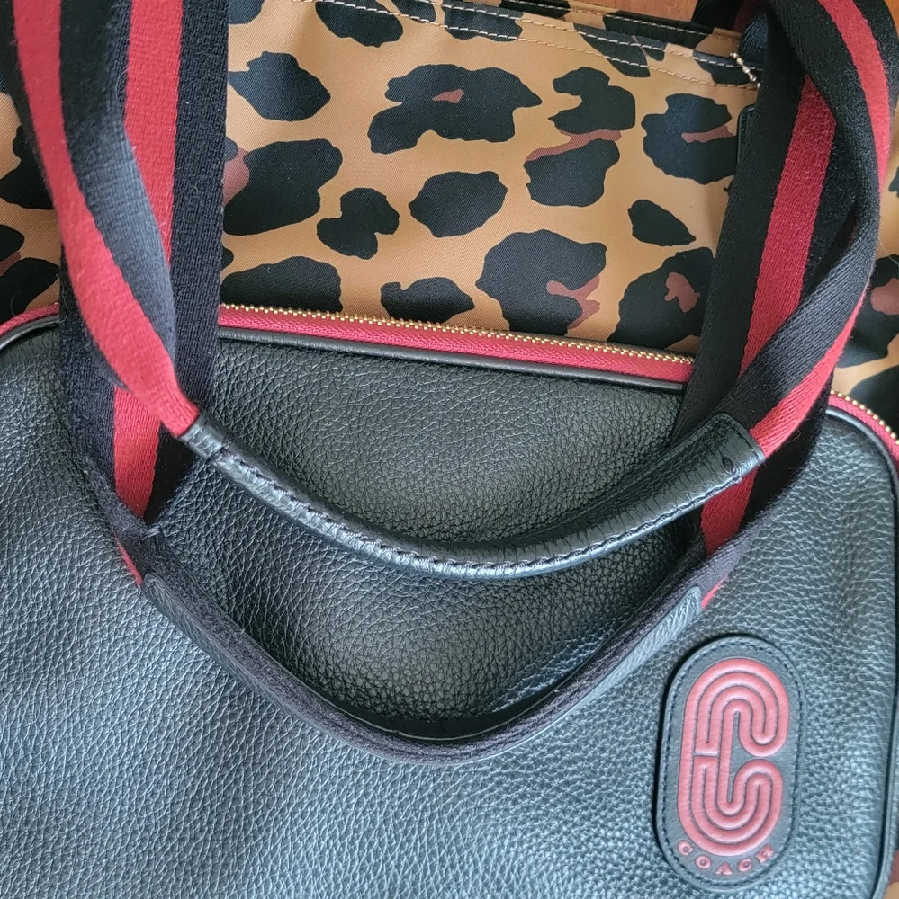 Coach C5668 Court Leopard Print Nylon Tote Pebbled Leather Black Tan Bag